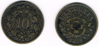 Schweiz 10 Rappen Schweiz, Kursmünze 10 Rappen 1871, Erhaltung siehe Scan!
