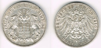 Hamburg 3 Mark Kaiserreich: Hamburg 3 Mark 1910 J, Stadtwappen, Erhaltung siehe Scan!