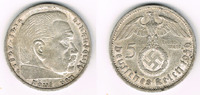 Drittes Reich 5 Reichsmark Drittes Reich, 5 Reichsmark 1936 E, Hindenburg mit HK, 13,89 g 900er Silber!