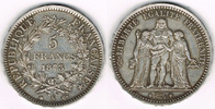 Frankreich 5 Francs Frankreich, Silbermünze 5 Francs 1873, Herkules-Gruppe, Erhaltung siehe Scan