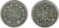 Finnland 50 Penniä Finnland, Kursmünze 1874, 50 Penniä, Nikolaus II., Erhaltung siehe Scan!
