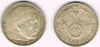 Drittes Reich 5 Reichsmark Drittes Reich, 5 Reichsmark 1938 J, Hindenburg mit HK, 13,89 g 900er Silber!