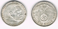 Drittes Reich 5 Reichsmark Drittes Reich, 5 Reichsmark 1939 B, Hindenburg mit HK, 13,89 g 900er Silber!