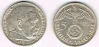 Drittes Reich 5 Reichsmark Drittes Reich, 5 Reichsmark 1938 D, Hindenburg mit HK, 13,89 g 900er Silber!