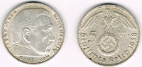 Drittes Reich 5 Reichsmark Drittes Reich, 5 Reichsmark 1938 D, Hindenburg mit HK, 13,89 g 900er Silber!