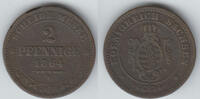 Sachsen 2 Pfennig Königreich Sachsen, Kursmünze 2 Pfennige (Scheidemünze) 1864 B, siehe Scan -