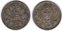 Kaiserreich 1/2 Mark Kaiserreich, Kursmünze 1/2 Mark 1909 G, 900er Silber! -