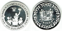 Surinam 100 Guilders Silbergedenkmünze Olympische Spiele Barcelona 1992 - Basketball -