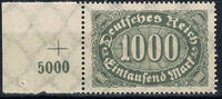 Deutsches Reich 1000 Mark Mi.-Nr. 252 P, linker Seitenrand mit Passerkreuz Freimarken Ziffer im Queroval -