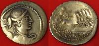 Antike - Römische Republik AR-Denar T. Carisius, Av.: Victoriabüste n. re., Rv.: Viktoria in Quadriga nach rechts