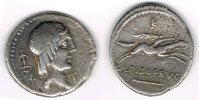 Antike - Römische Republik AR-Denar C. Calpurnius Piso, Av. Apollokopf; Rv.: Reiter im Galopp, leicht korrodiert!