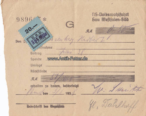 Drittes Reich/WestfalenSüd 1938 Beitrags Quittung G/NSVolkswohlfahrt