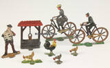 Deutsches Reich um 1900 22 Zinnfiguren / handbemalt / Haus, Fahrradfahrer, Tiere, Kinder, Bäume... 2-3
