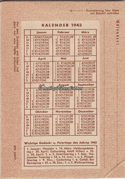 Drittes Reich Blanko Feldpost / Kalender 1943 2-3  MA-Shops
