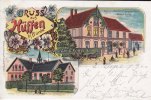 Hüffen b/Bünde Ansichtskarte/Postkarte/Litho/Gruss aus Hüffen b/Bünde./Die Schule/Gast u. ... -