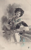 Deutsches Reich Ansichtskarte/Postkarte/Frau mit Rosen/handkoloriert -