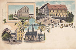Saara/Nobitz/Lehndorf 1910 Ansichtskarte / Postkarte / Gruss aus Saara S.A. / Schule. / Gasthof. / Kirche. 2