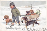 Deutsches Reich Ansichtskarte / Postkarte / Glückliches Neujahr / Junge mit Schlitten und ... -