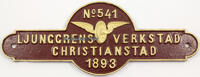 Schweden / Kristianstad Eisenbahn - Waggonschild / Typenschild / No. 541 / Ljunggrens Verkstad... -
