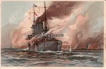 Deutsches Reich Künstlerkarte von Willy Stöwer/Deutscher Kreuzer beschießt die russische Küste. -