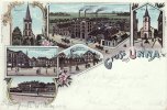 Unna i/W. Litho/Gruss aus Unna i/W./Evang. Kirche/Marktplatz. Kriegerdenkmal/Bahnhof/... -