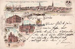 Dortmund/Hörde Litho/Vorläufer/Gruss aus Hörde/Postamt u. Kriegerdenkmal./Kreishaus Hörde./... -