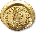 ROMAN EMPIRE AV gold tremissis circa 408-420 A.D. Theodosius II, Constantinople mint - VICTORIA AVGVSTORVM - VF+/EF- minor graffiti on obverse right field
