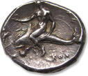 ANCIENT GREECE AR silver stater circa 302 B.C. CALABRIA, Tarentum, struck under magistrates Sa... and Kon... VF+/EF- beautiful dark steelgrey toning, hints of irridescence
