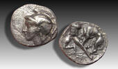 ANCIENT GREECE AR silver diobol Calabria, Tarentum - symbol: bow - -