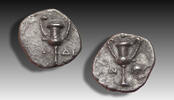 ANCIENT GREECE AR silver obol Calabria, Tarentum - variety with ΔI and/or AN each side and uncertain symbol - -