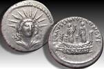 ROMAN REPUBLIC AR denarius 42 B.C. L. Mussidius Longus, Rome - Shrine of Venus Cloacina - VF+/EF-
