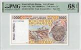 WEST AFRICAN STATES P.111Ag - 1000 Francs Ivory Coast PMG 68 EPQ TOP POP -