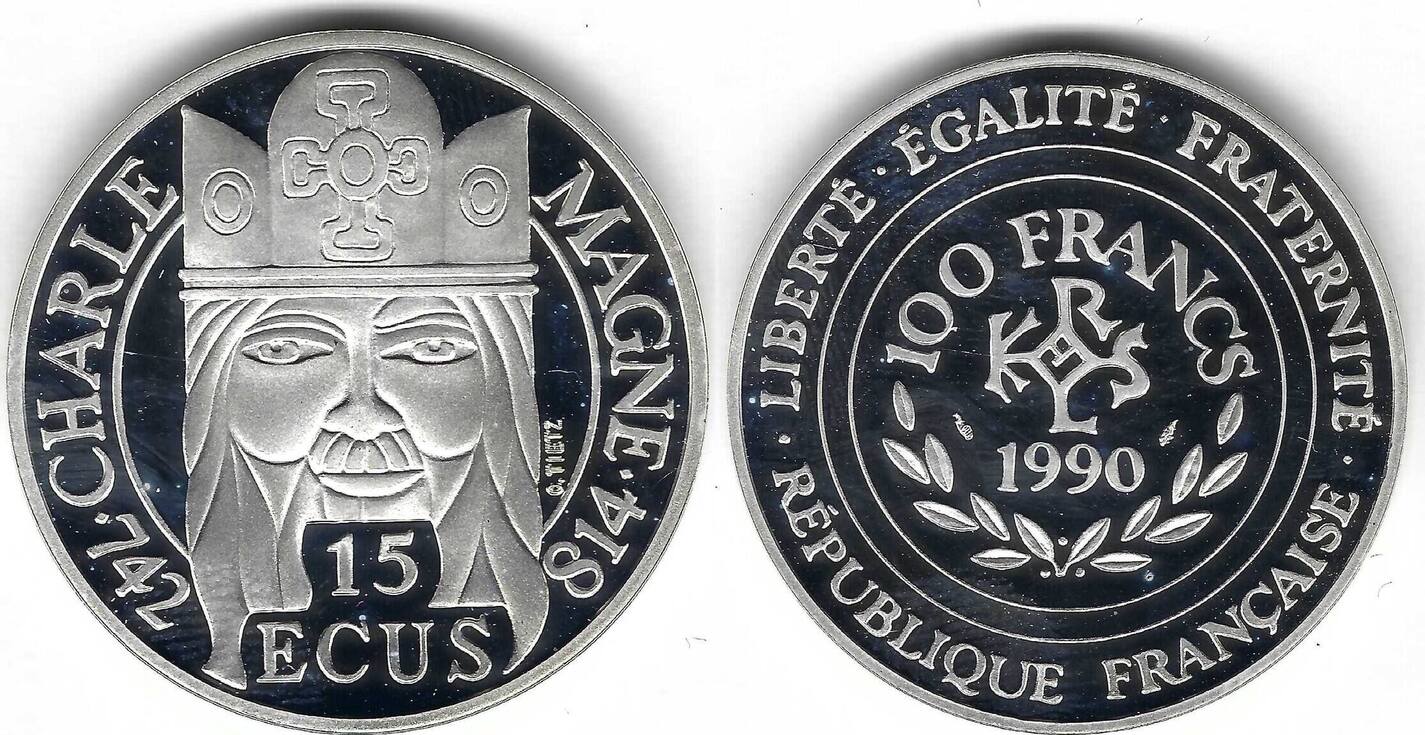 France / Frankreich 100 Francs / 15 Ecu 1990 Charlemagne PP France / Frankreich 100 Francs / 15 Ecu 1990 Charlemagne PP