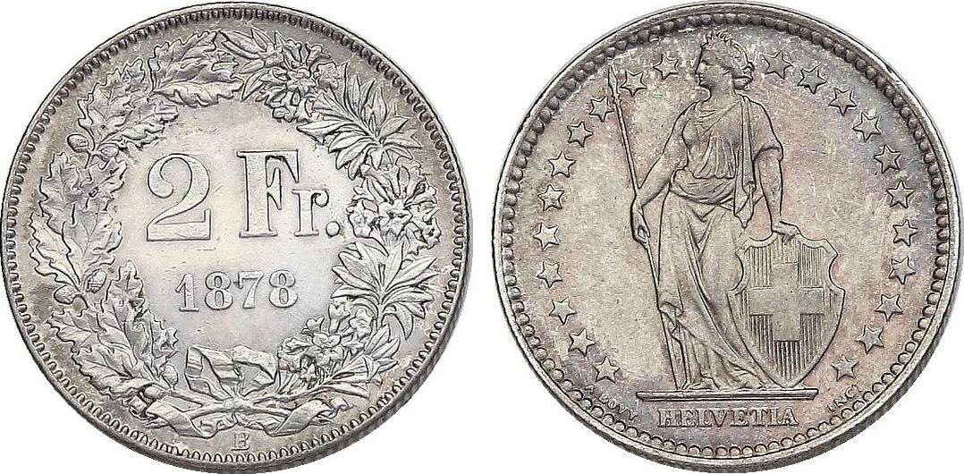 Schweiz 2 Franken 1878 B Vz-stgl. | MA-Shops