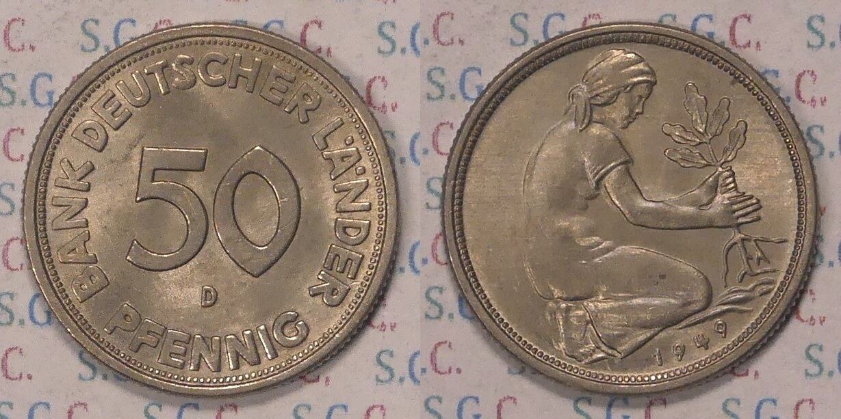 Bank Deutscher Länder 50 Pfennig 1949 Wert Bundesrepublik Deutschland- 50 Pfg 1949-D Bank Deutscher Länder Stgl