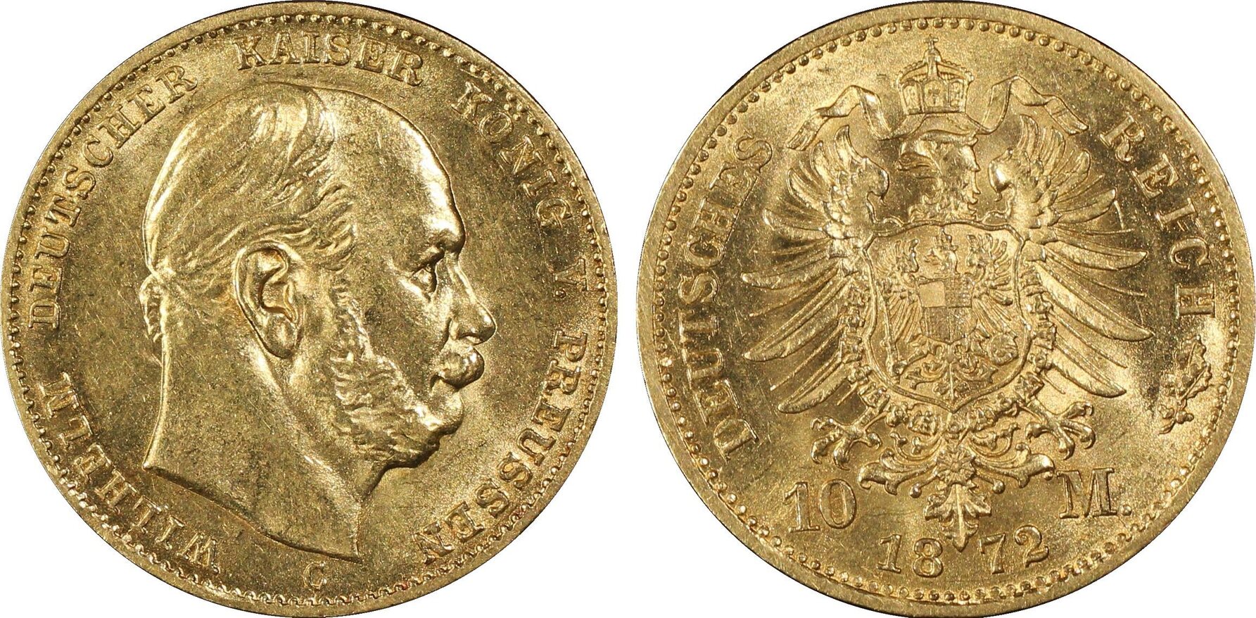 Kaiserreich, Preussen 10 Mk Gold 1872C (seltener!) Kaiser Wilhelm fast