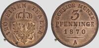 3 Pfennige 1870-A Altdeutschland Brandenburg-Preußen König Wilhelm I. Stgl., winzige Flecken
