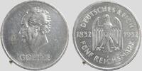 Weimarer Republik 5 RM 1932-A 100. Todestag von Goethe vz+, fast keine der übliche Kontakt-Spuren, sehr schwache Randfefhler.