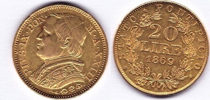 Vatikan, 20 Lire,Rom, 1869, Pius IX.,18461878, vorzüglich,