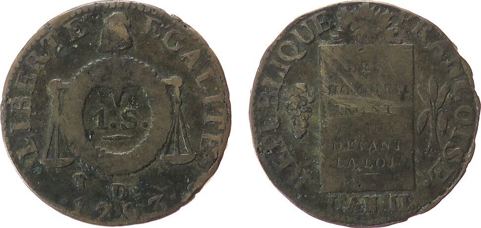 Monnaie 1 Sol De La Convention, Révolution Française 1793 - Dijon Tête D'aigle, Métal De Cloche