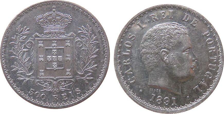ROYAUME DU PORTUGAL - CHARLES Ier 500 Reis 1891