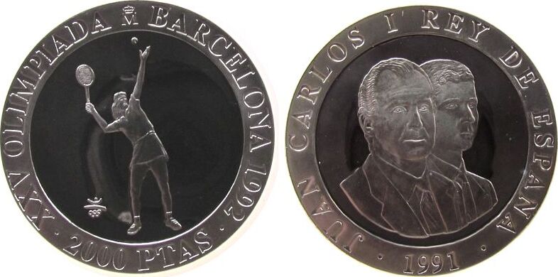 Spanien 2000 Pesetas 1991 Ag Olympiade, Tennis, Original Holzetui mit