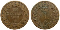 Frankreich 1 Decime Br Louis XVIII, BB (Strasbourg), ohne Punkte -
