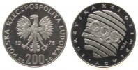 Polen 200 Zlotych Ag Olympiade, Probe, Kopf mit den Olympischen Ringen, minimale kleine Flecken -