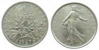 Frankreich 5 Francs Ag Semeuse, etwas Grünspan -