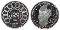 Frankreich 100 Francs/15 Ecu Ag Monet, ohne VP, winzige Flecken -