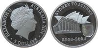 Australien 5 Dollar Ag Elisabeth II, Olympische Spiele Athen, Parthenon, Opernhaus in Sydny und Wappenschild mit Flagge und den Olympischen Ringen -
