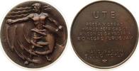 Uruguay Medaille Bronze Baygorria - auf den Bau des Staudammes, nackter Mann, der mit der rechten Hand das Wasser staut, neben einer Turbine / Me -