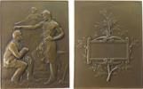 Frankreich Plakette Bronze Gegenseitigkeit - Mutualité, ein älterer Mann sitzt auf der linken Seite gegenüber einem Schmied - vereint durch eine All -