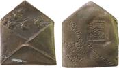 Gelegenheitsmedaillen Plakette 1987 Bronzeguß Postwesen - BUEK BEKE 87, geöffneter Briefumschlag aus welchem Brieftauben auffliegen / Stempel mit...